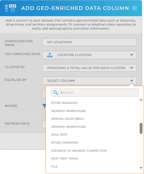 Screenshot of a purple radius circle on a grayscale map. Four blue pins and one yellow pin lie within the circle. Two blue pins lie outside of the circle.
