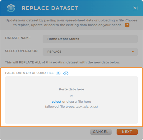 Screenshot of the Replace Dataset lightbox in Mapline