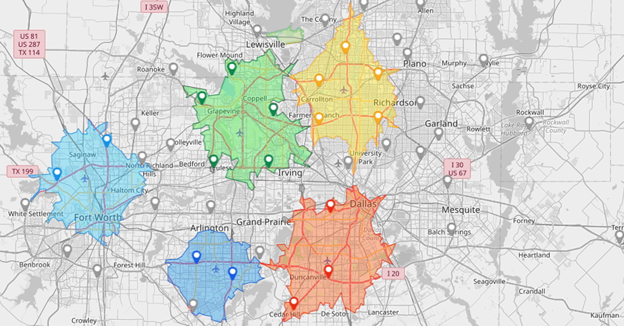 Screenshot of a Mapline map with labels that match the associated pin color