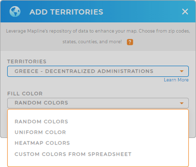 Color-code your Greece Decentralized Administrations territory map in seconds