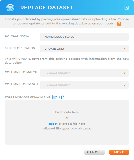Screenshot of the Replace Dataset lightbox in Mapline