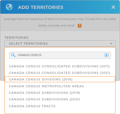Add Canada Census Divisions to your map in Mapline