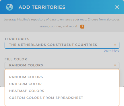 Color-code your The Netherlands constituent countries territory map in seconds