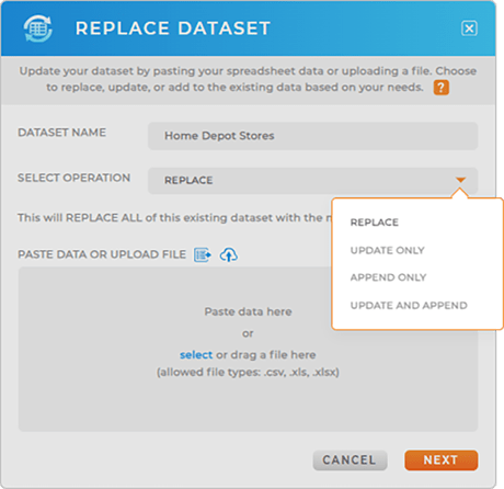 Screenshot of the Replace Dataset lightbox in Mapline