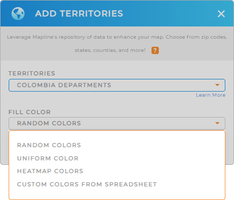 Color-code your Colombia departments territory map in seconds