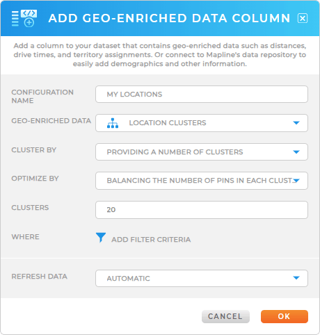 Screenshot of a purple radius circle on a grayscale map. Four blue pins and one yellow pin lie within the circle. Two blue pins lie outside of the circle.