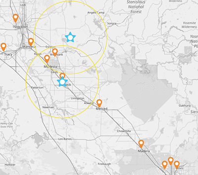 Example of a map with center points based on center of minimum distance