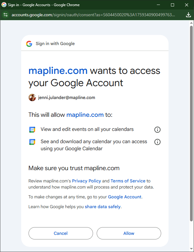 Authorize Mapline to connect to Google Calendar