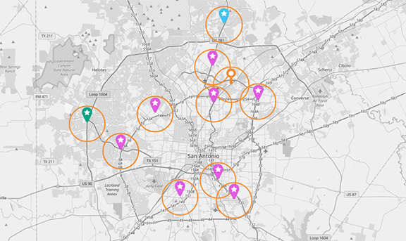 Add coverage areas around your locations and your competitors' to visualize overlap