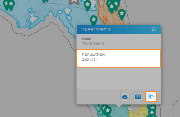 Screenshot of a map territory with demographic data displayed in the pop-out bubble