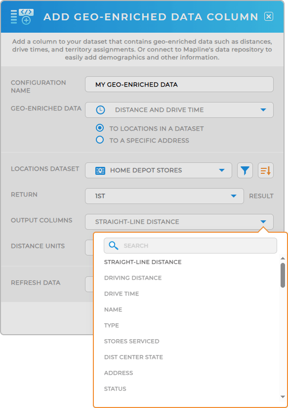 Mapline Coverage Areas lightbox, with the radius section highlighted