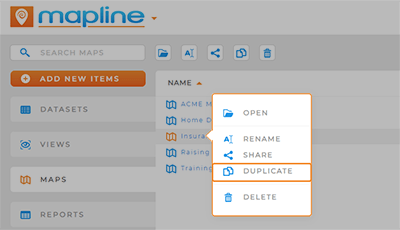Screenshot of Maps library, with the pop-out menu open and DUPLICATE highlighted