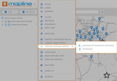 Screenshot of a layer menu on a Mapline map, with CENTER POINTS highlighted