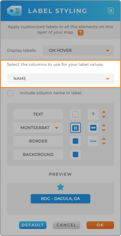 Screenshot of the Labels lightbox in Mapline, with the Source Columns section highlighted