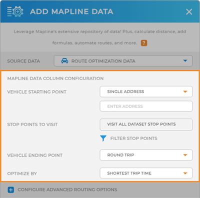 Screenshot of advanced routing configurations under Mapline data, with the Route Stop Points section highlighted