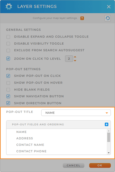 Screenshot of the Layer Settings lightbox in Mapline, with the Pop-Out Fields section highlighted.