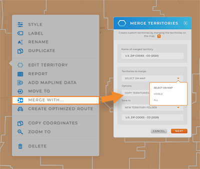 Screenshot of a map, with 'merge territories' highlighted in the pop out menu