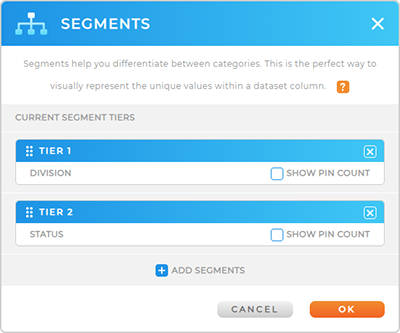 Screenshot of the segments lightbox in Mapline, showing 'division' and 'status' segments